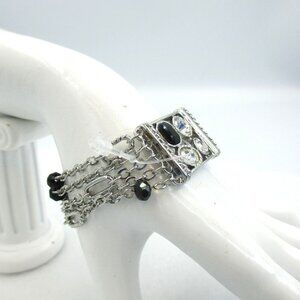 White House Black Market Silver Tone Crystal Faux Onyx Magnetic Bracelet NEW $50